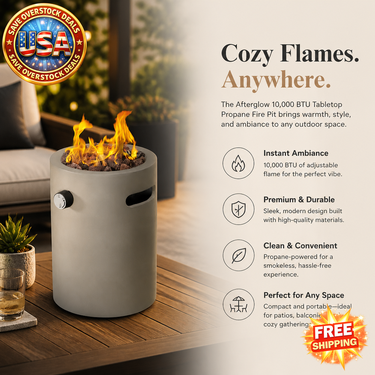Afterglow 10,000 BTU Tabletop Propane Fire Pit for Outdoor Use