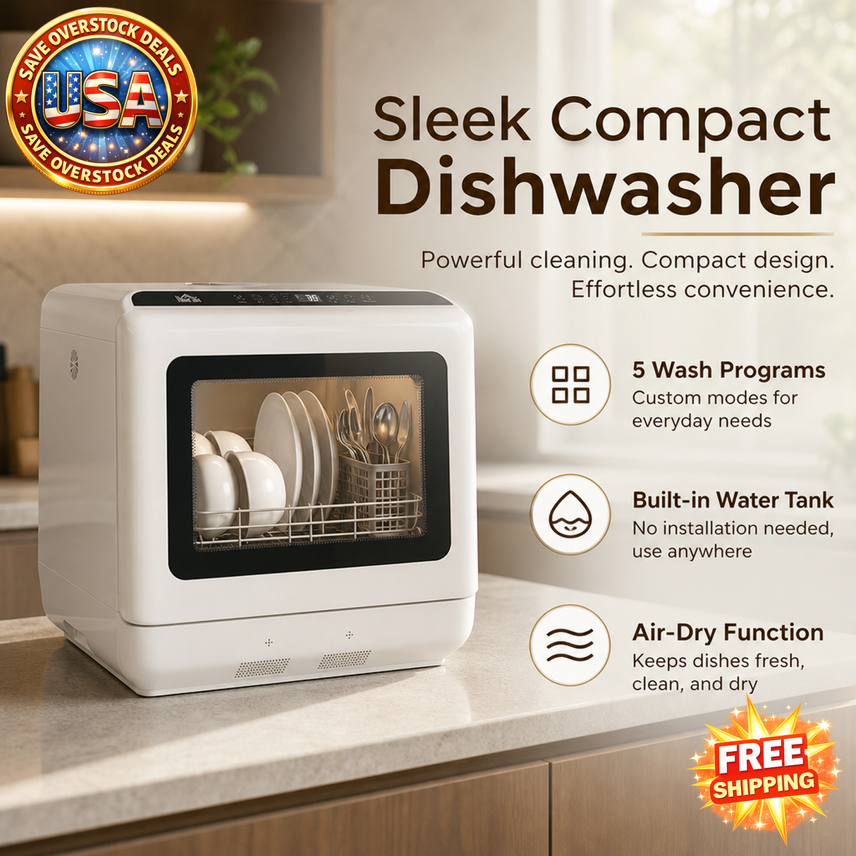 Portable Mini Countertop Dishwasher with 1.6 Gal Water Tank