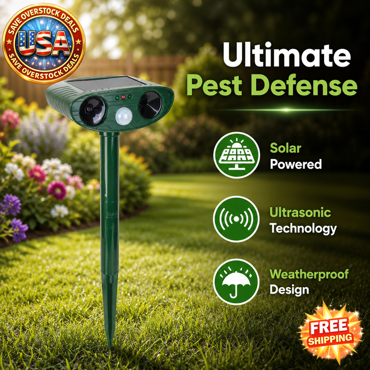 Solar Ultrasonic Animal Repeller with PIR Sensor and LED Light