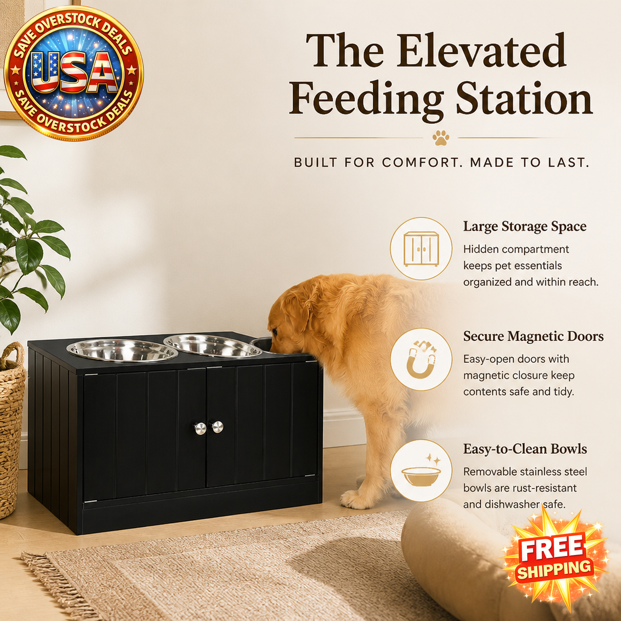Raised Pet Feeding Storage Station with Stainless Steel Bowls
