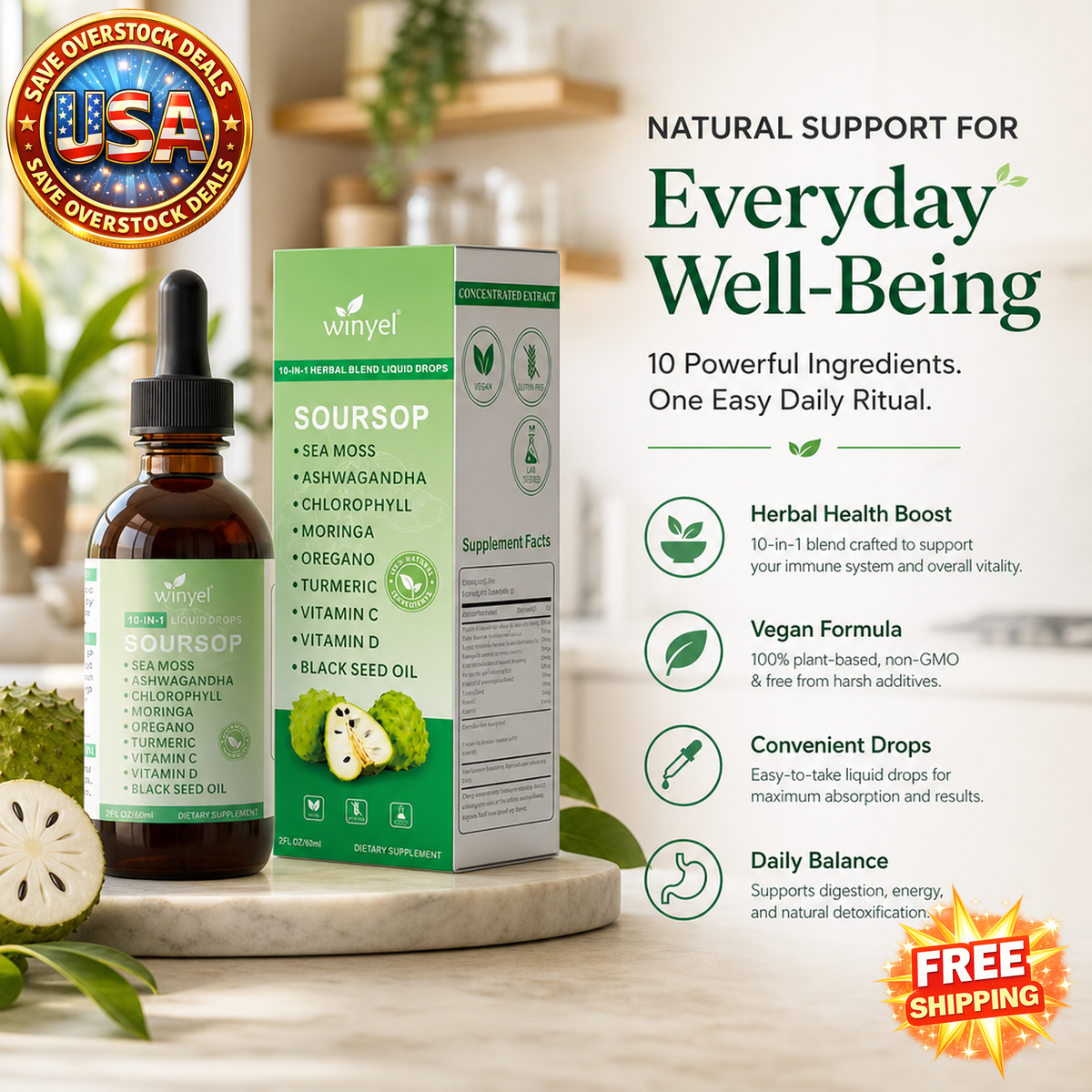 WINYEL Soursop Drops 10-in-1 Herbal Extracts, Vegan, 2 fl oz