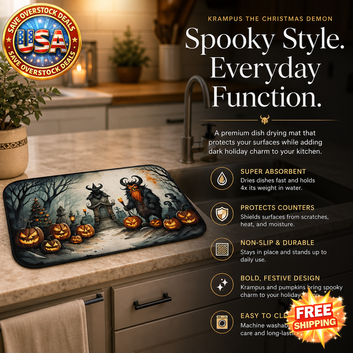 Krampus Halloween Dish Drying Mat, Absorbent Kitchen Pad, 14x21"