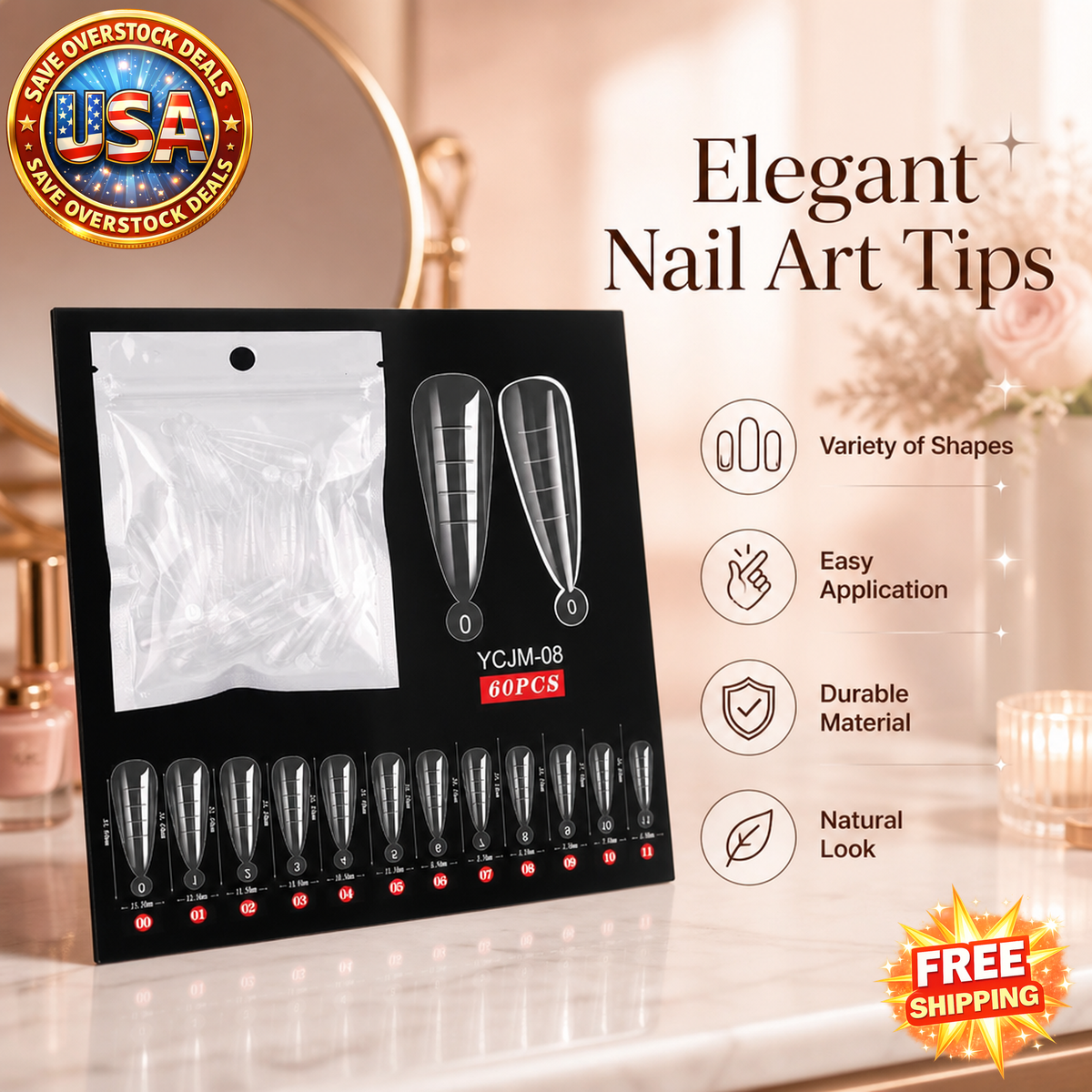 60pcs Full Cover False Nail Tips for UV Gel Polish