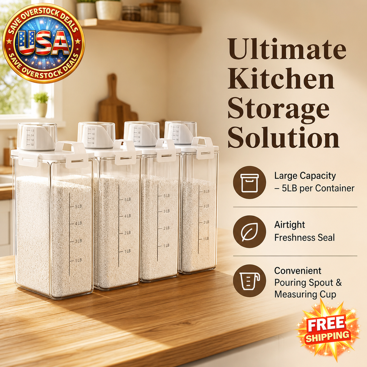 5LB Rice Storage Containers - Airtight Plastic Food Bins, 4 Pack