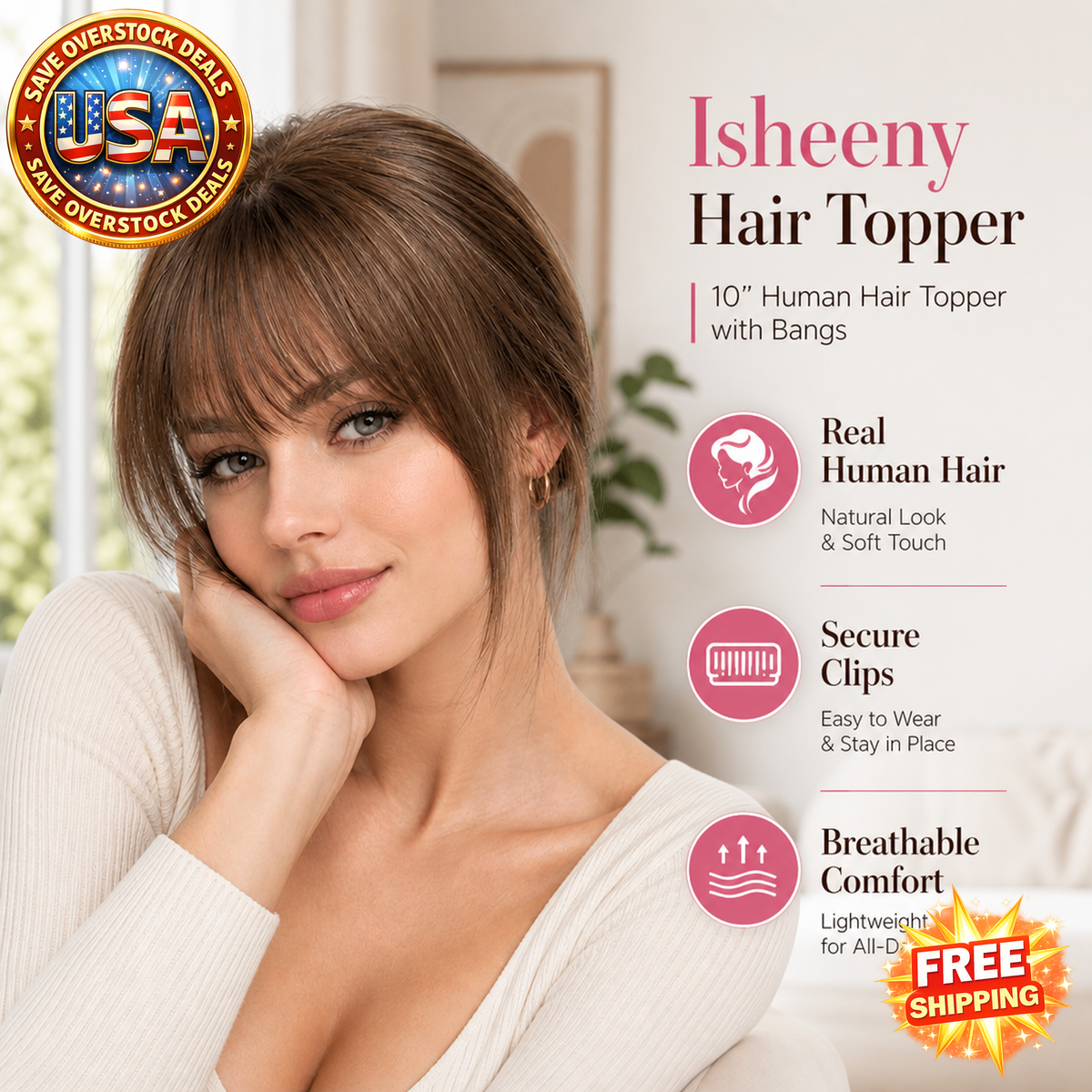 Isheeny 10-Inch Human Hair Topper with Bangs, Clip-In Hairpiece