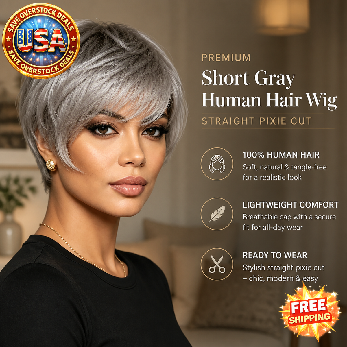 Short Gray Human Hair Wig for Daily Use & Parties
