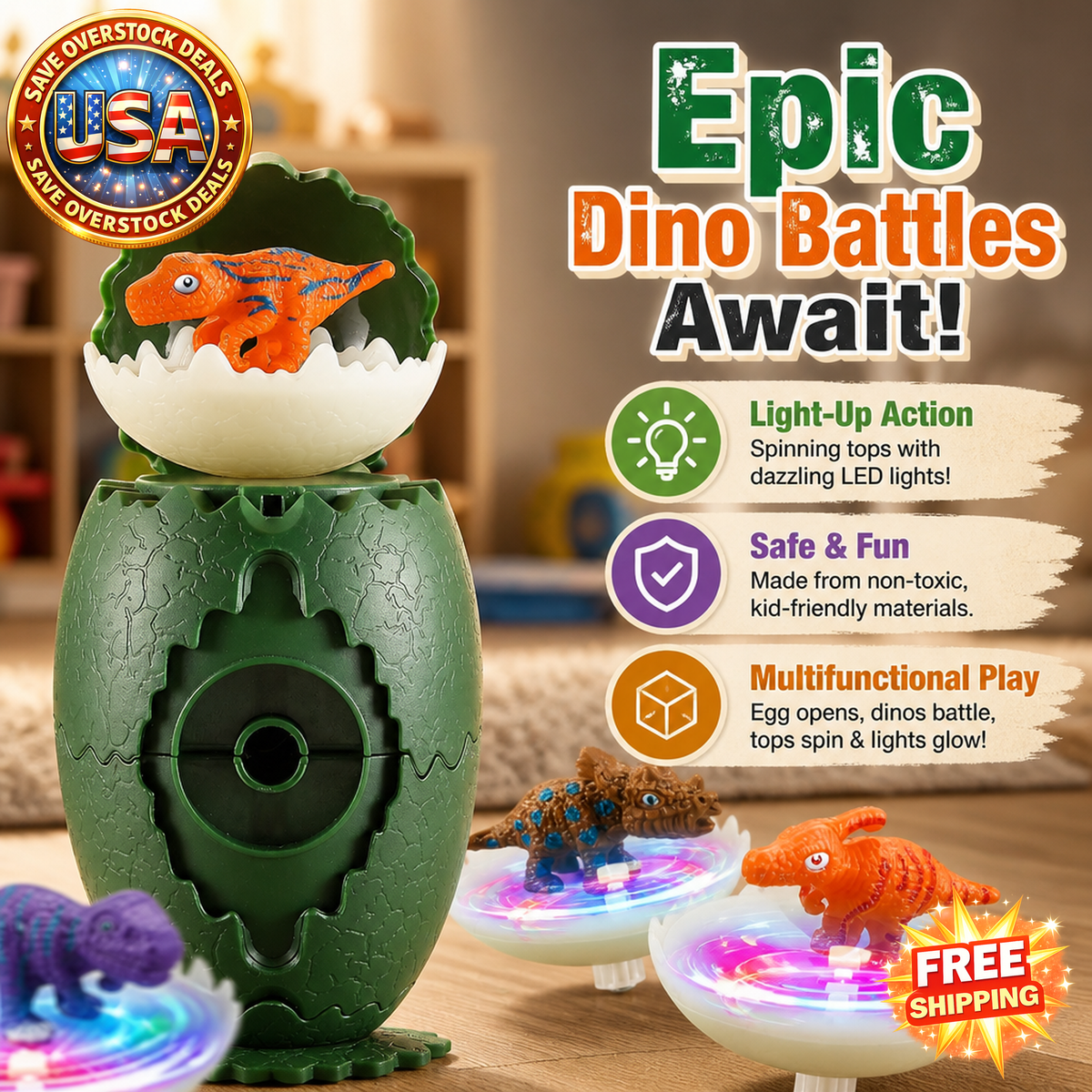 Dinosaur Battle Spinning Top Toys with Light Up Eggs for Kids
