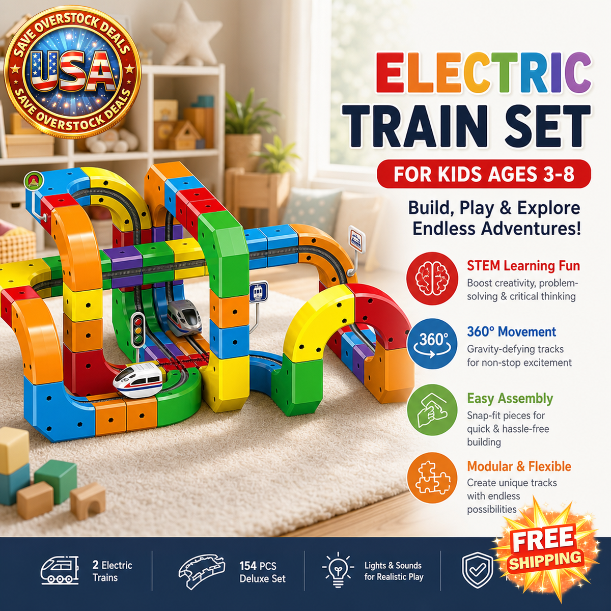 Electric Train Set for Kids - Modular 3D Race Track Toy