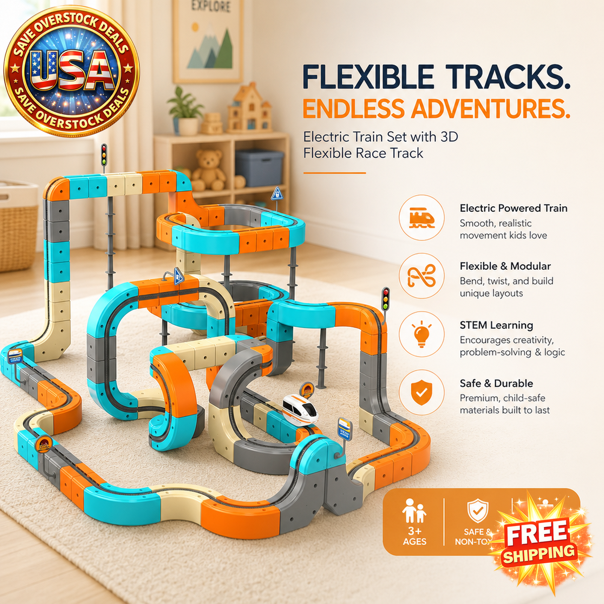 Electric Train Set with 3D Flexible Race Track for Kids