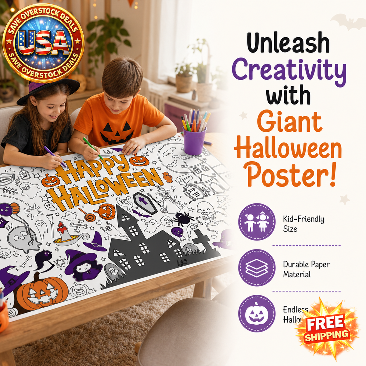Giant Halloween Coloring Tablecloth for Kids Activities