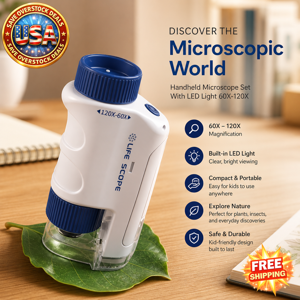 Handheld Microscope Set with LED Light for Kids, 60X-120X