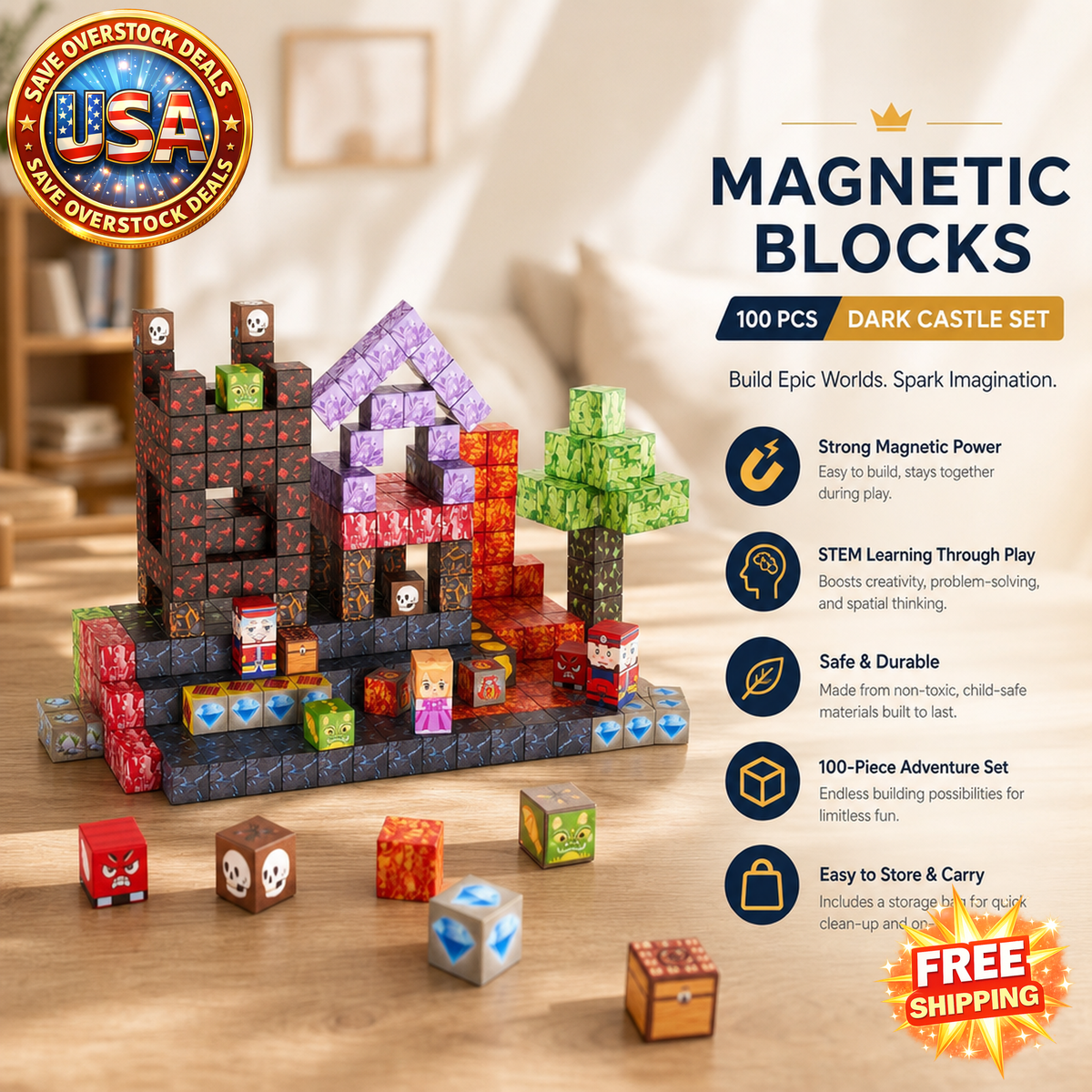 Magnetic Building Blocks Set, 100 PCS Dark Castle for Kids