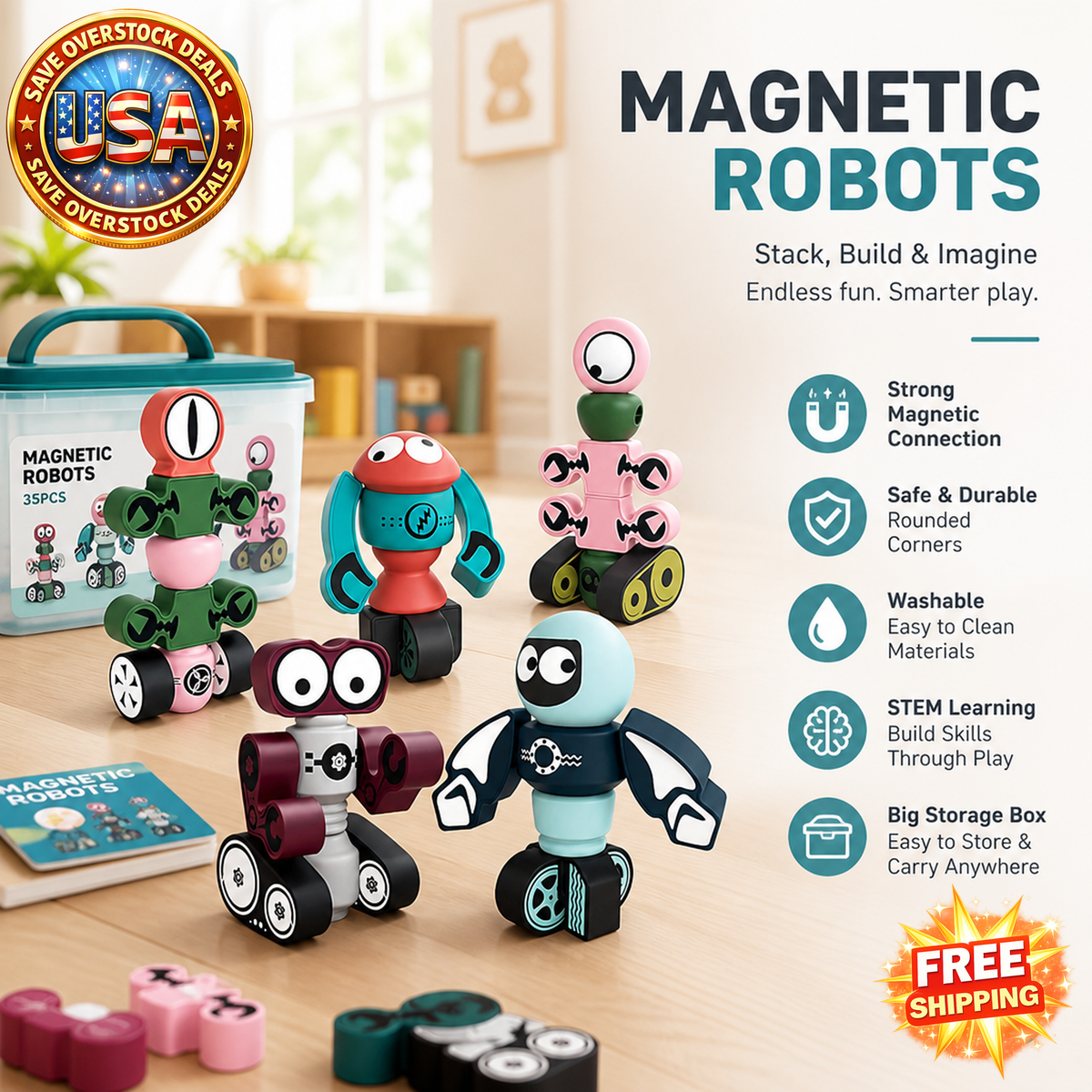 Magnetic Blocks Set for Kids - 35PCS Stacking Robots Toy
