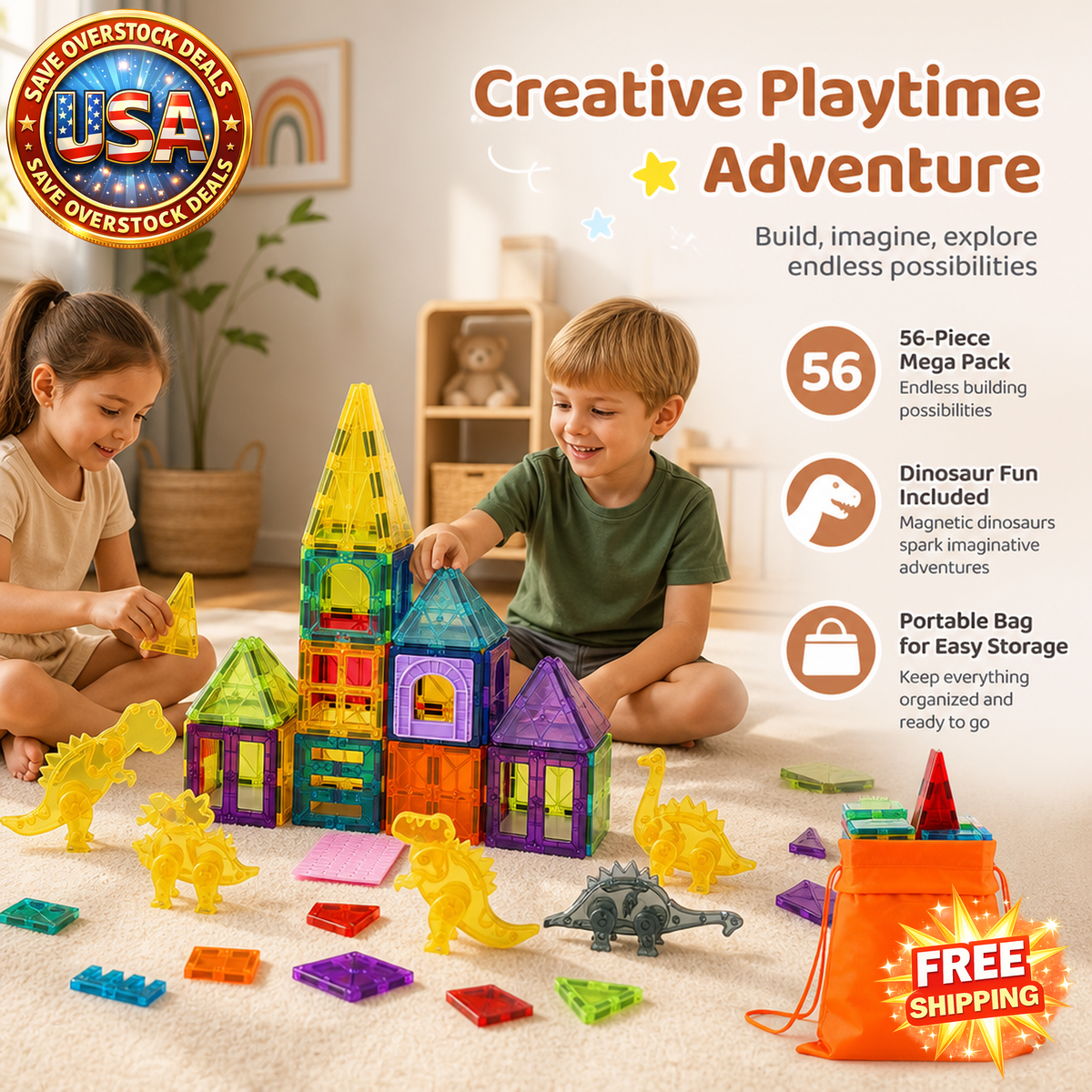 56 PCS Magnetic Tiles Building Blocks Set for Kids