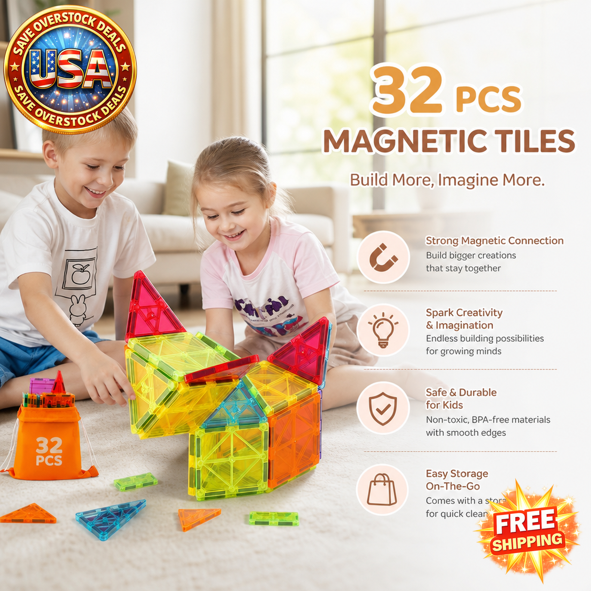 32 PCS Magnetic Building Blocks Set for Kids with Storage Bag