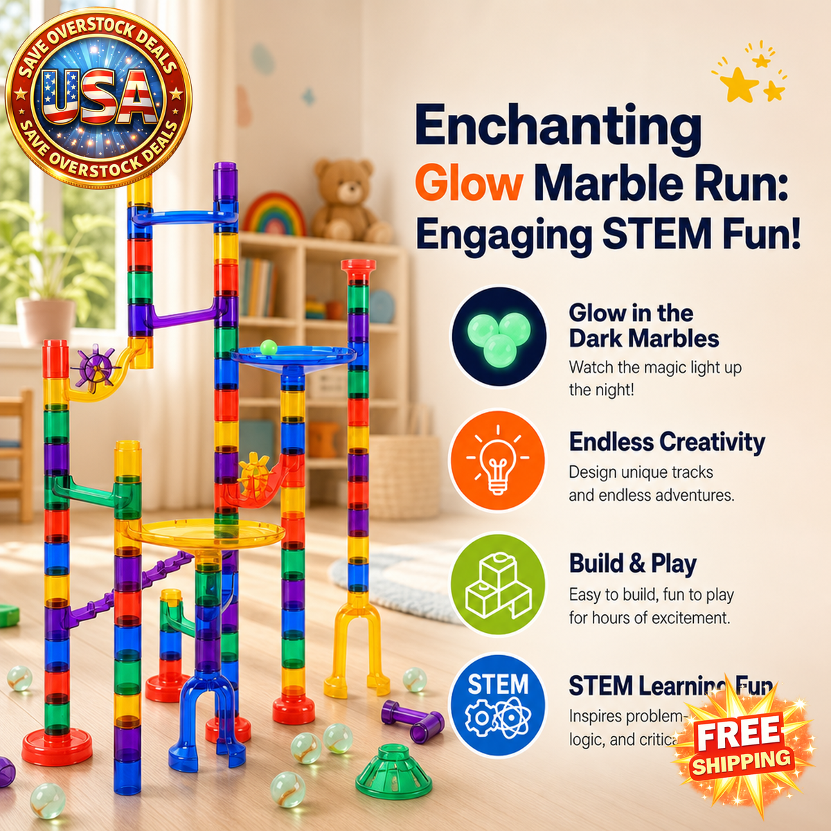 Marble Run Set with 110 Pieces and Glow-in-the-Dark Marbles