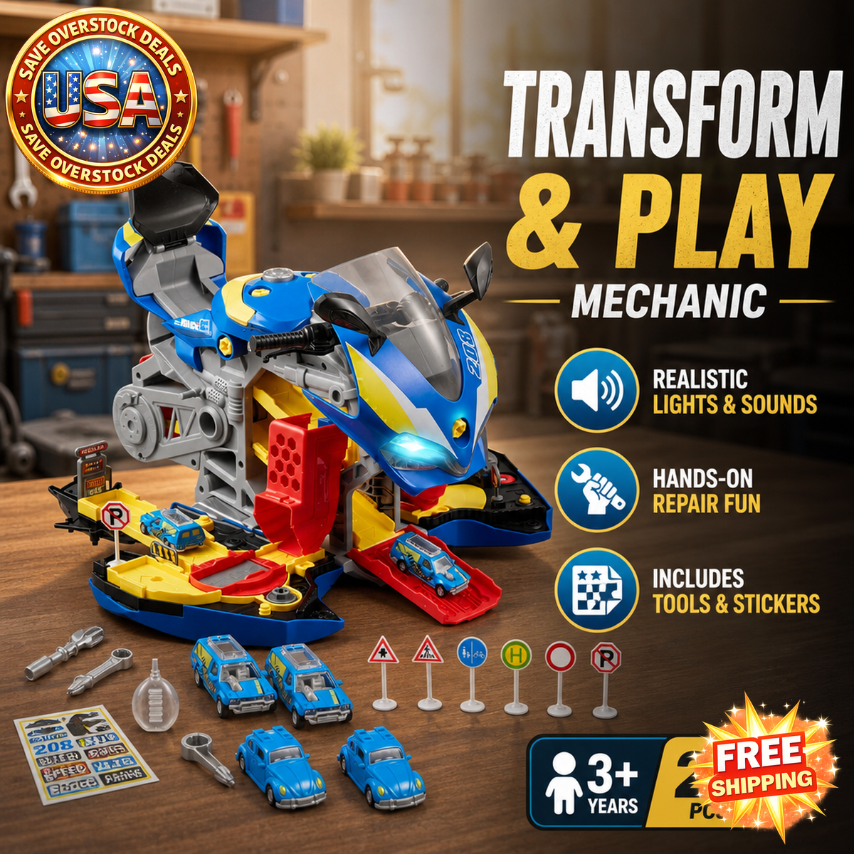 Motorcycle Engine Toy Set with Lights, Sounds & Removable Parts