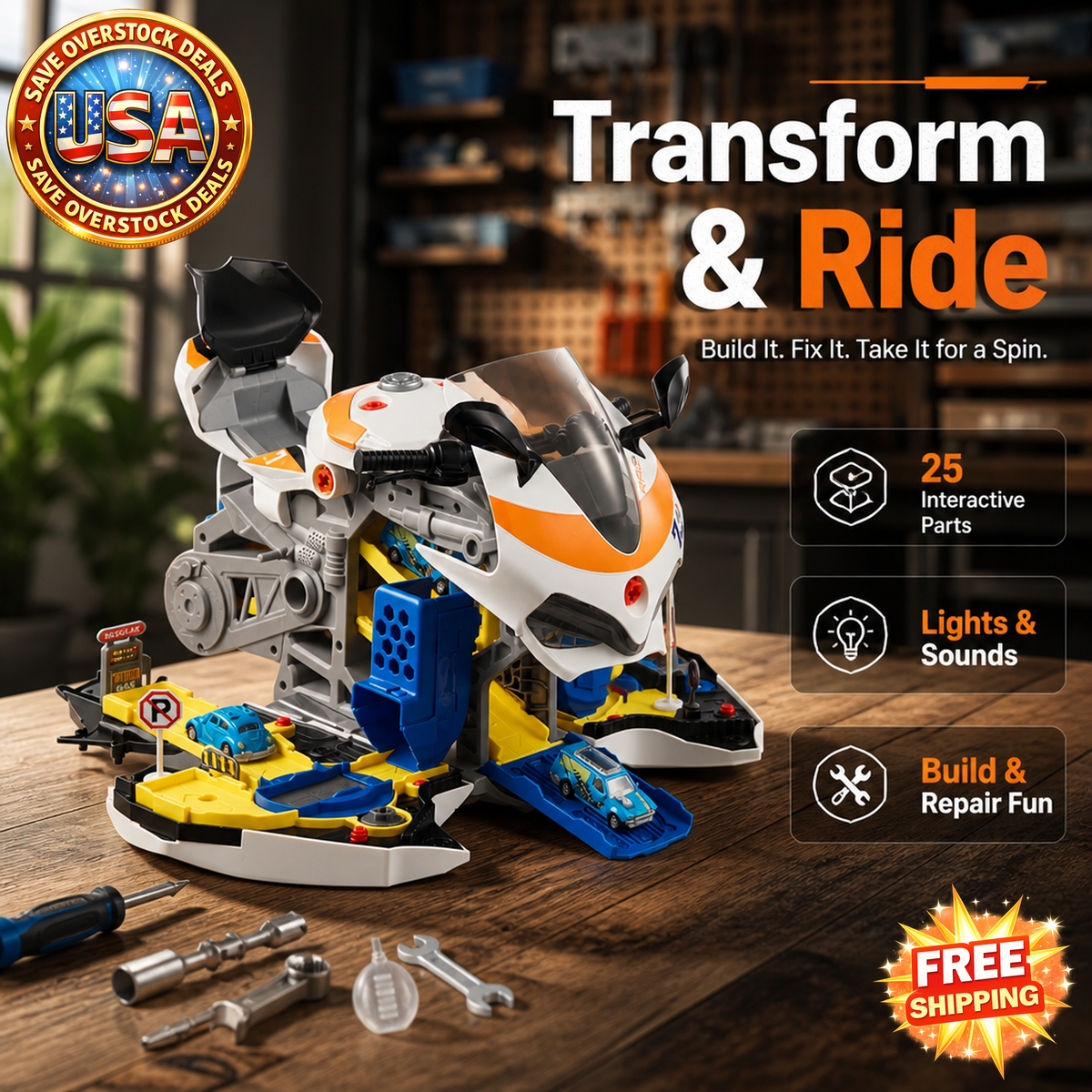 Motorcycle Engine Toy Set with Lights & Sounds, 25 Pieces
