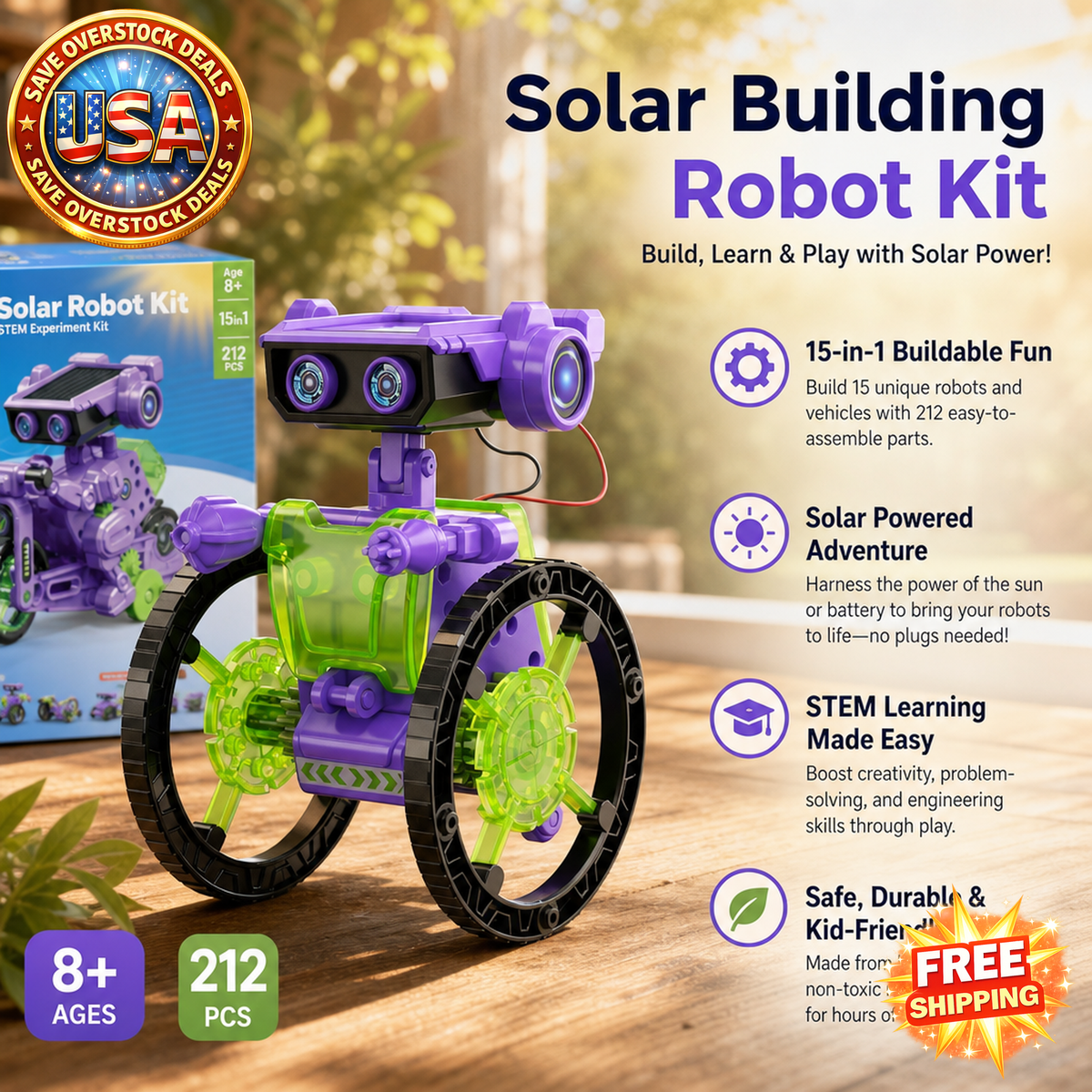 Solar Building Robot Kit for Kids, 15-in-1 STEM Educational Toy