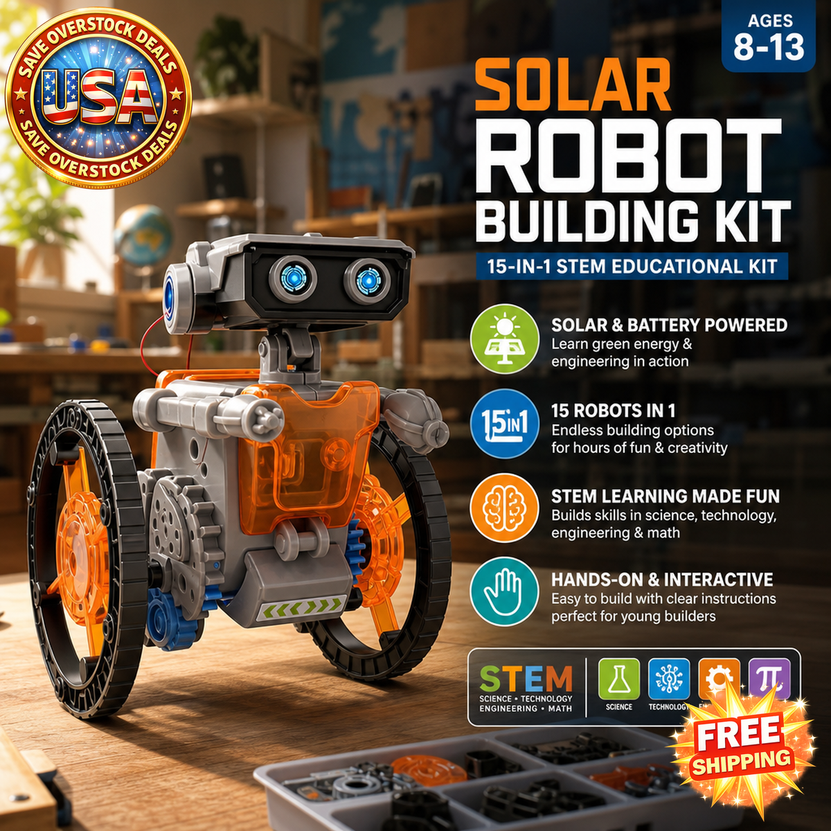 Solar Robot Building Kit 15-in-1 STEM Toy for Kids 8-13