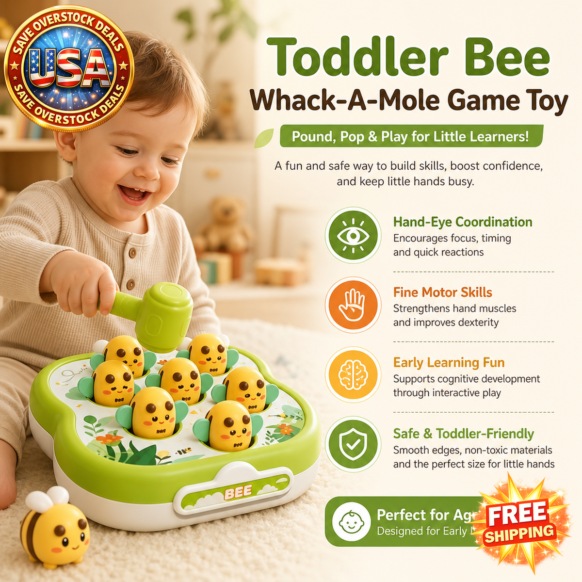 Toddler Bee Whack-A-Mole Game Toy for Kids Ages 1-3