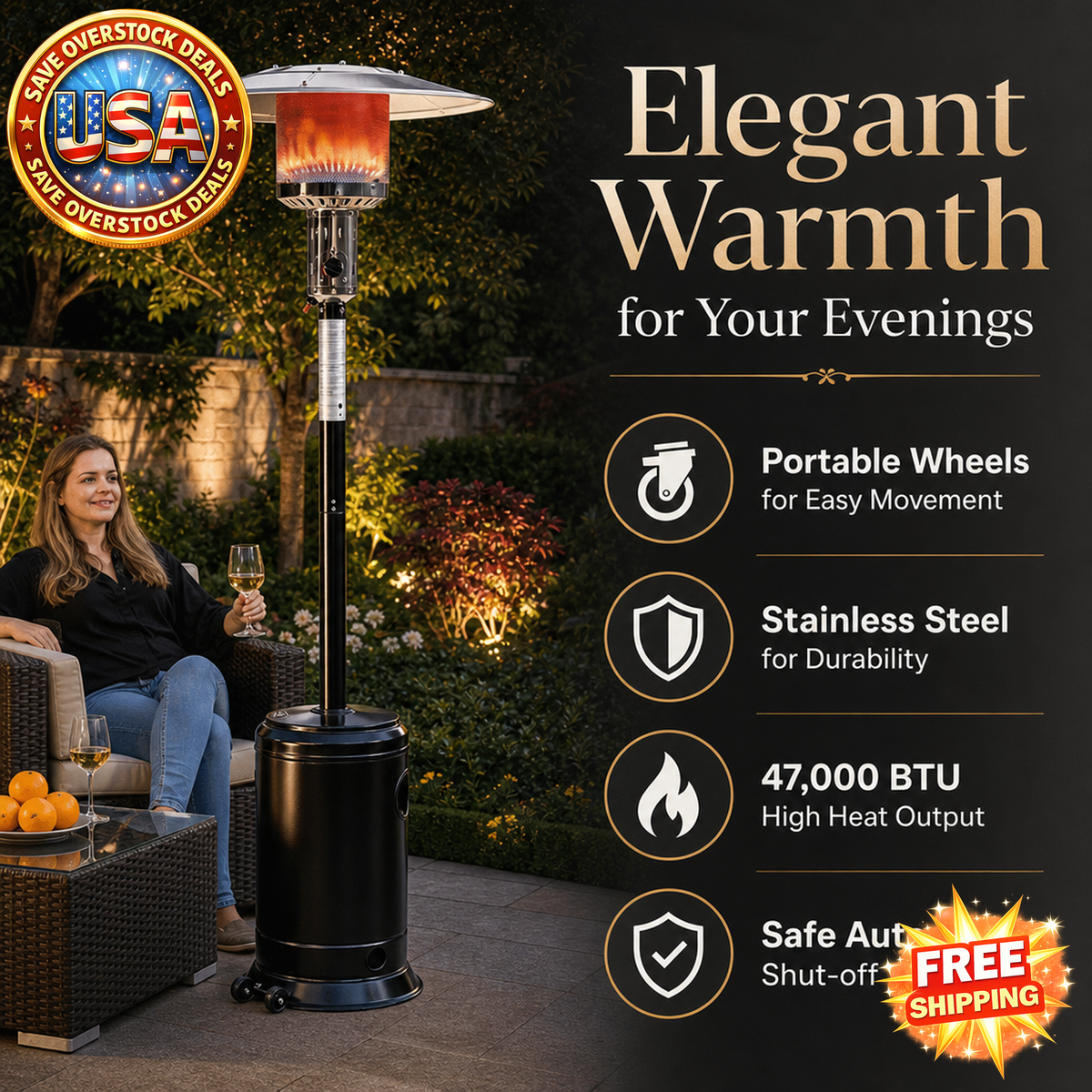 Outdoor Patio Propane Heater 47,000 BTU with Wheels
