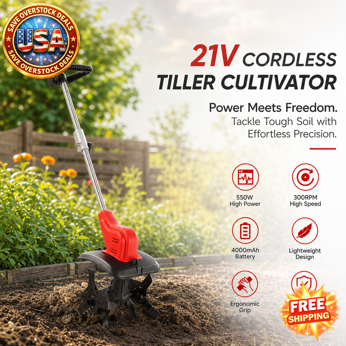 21V Cordless Electric Tiller Cultivator with 4 Blades