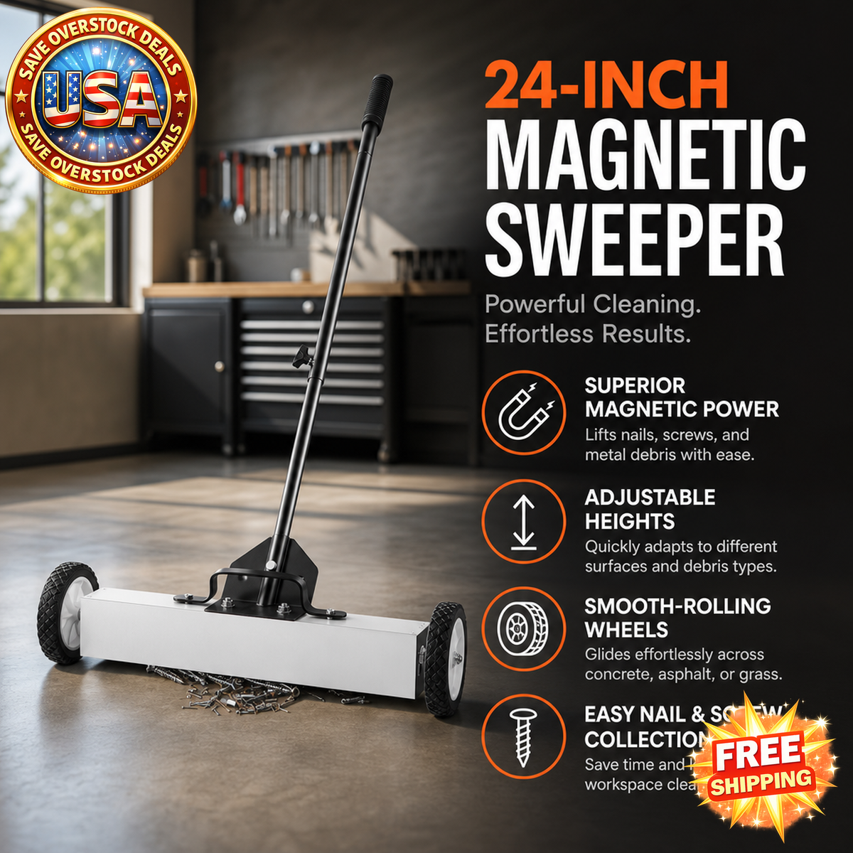 24-Inch Magnetic Sweeper with Wheels and Telescoping Tool