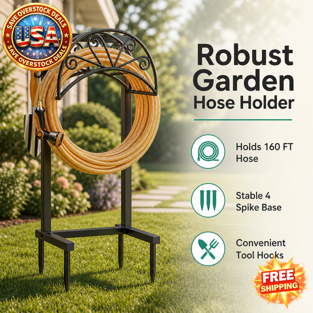 Heavy Duty Garden Hose Holder with Tool Hooks, Black
