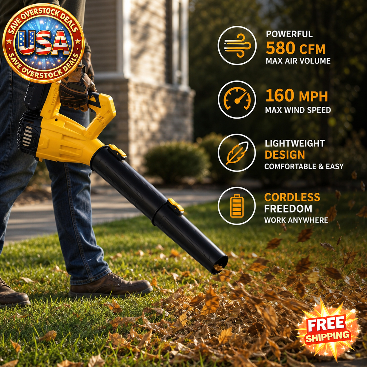 Cordless Leaf Blower with 4.0Ah Battery, 580CFM, 160MPH