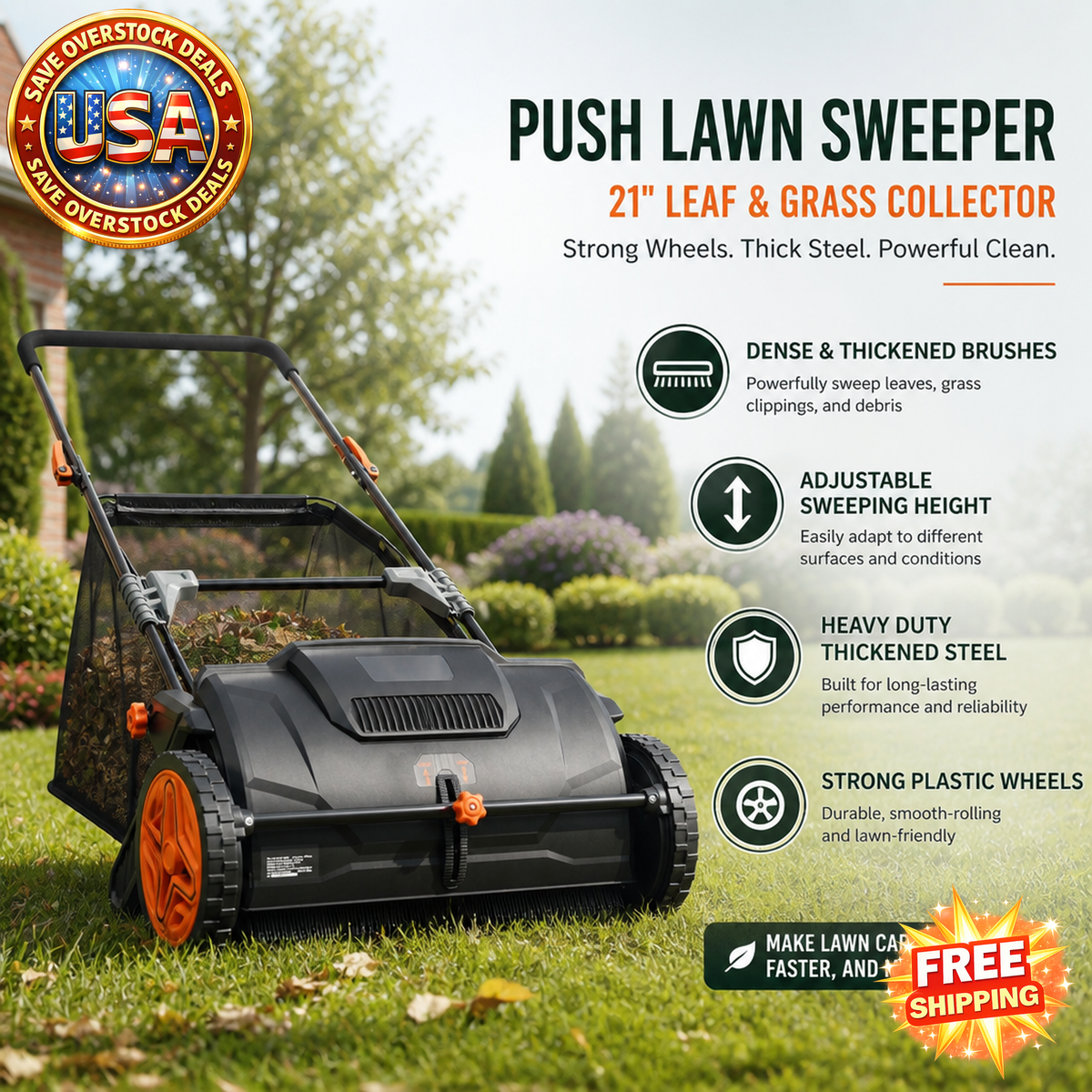 21-Inch Push Lawn Sweeper with Large Capacity Hopper Bag