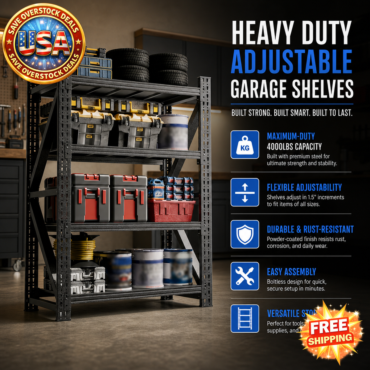 Heavy Duty Metal Adjustable Garage Shelves, 4000LBS Capacity