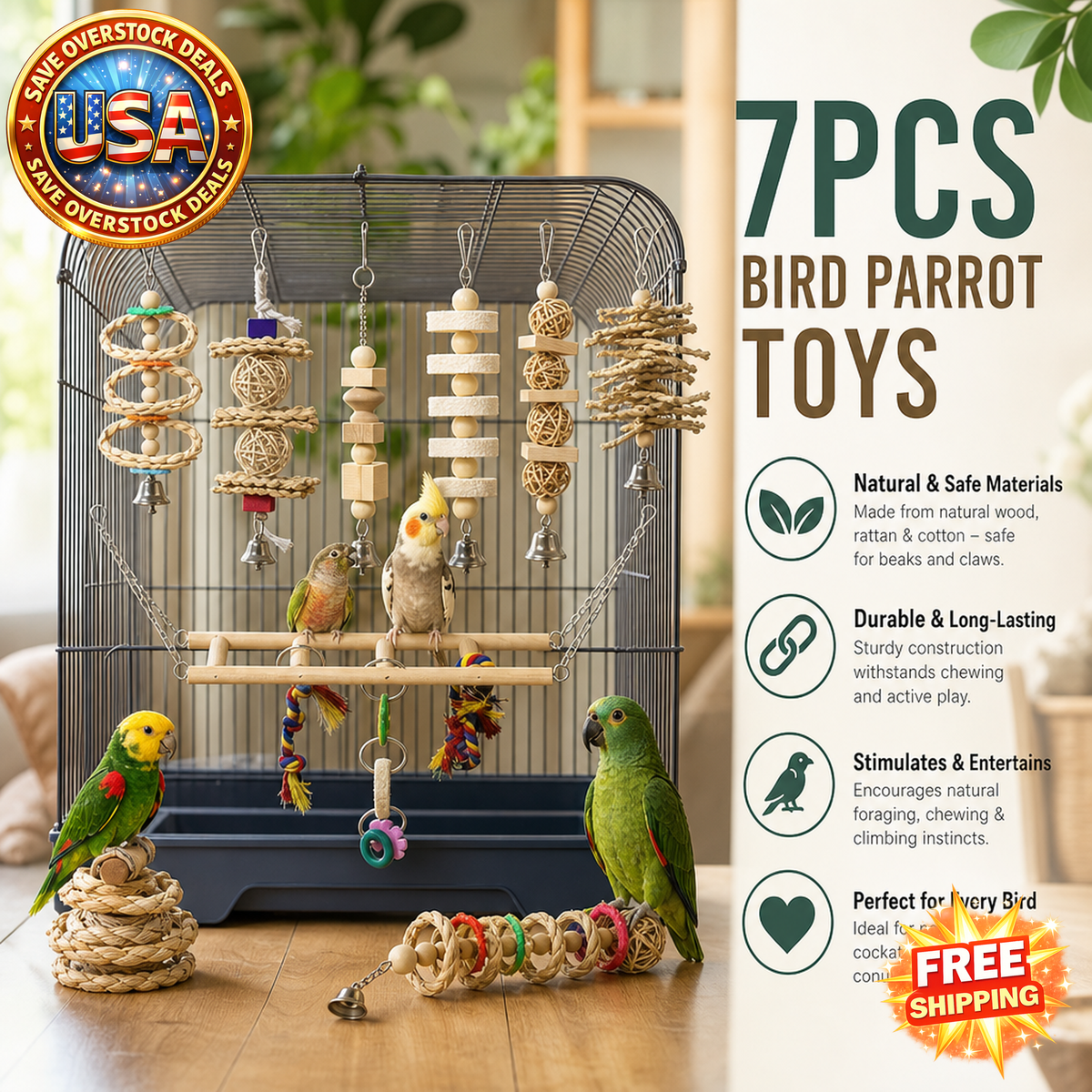 7pcs Natural Wood Bird Parrot Toys for Cockatiels and Parrots