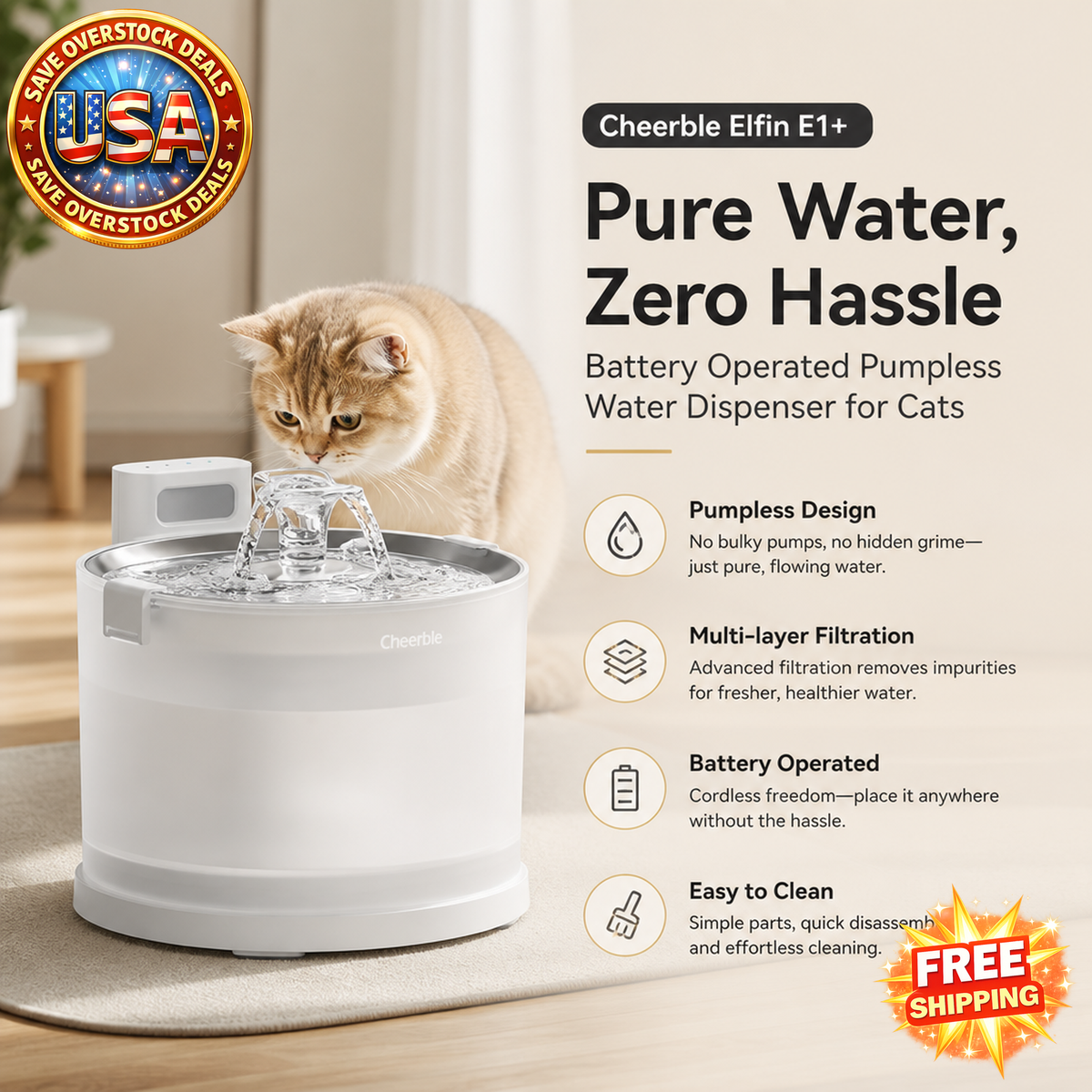 Cheerble Pet Fountain Elfin E1+, Battery Operated Water Dispenser