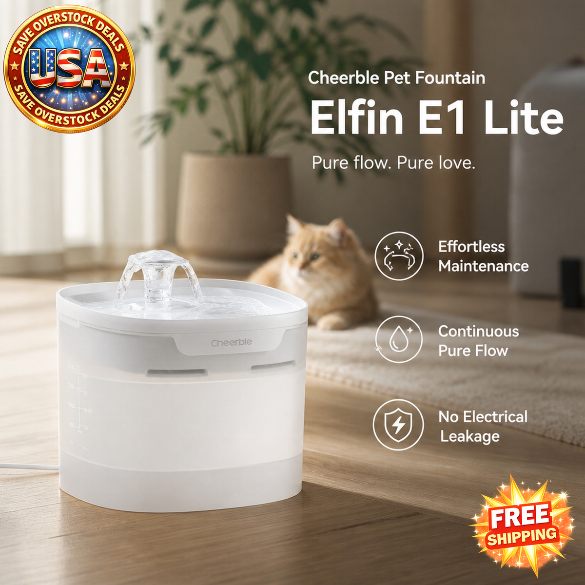Cheerble Elfin E1 Lite Automatic Cat Fountain, 2L BPA-Free