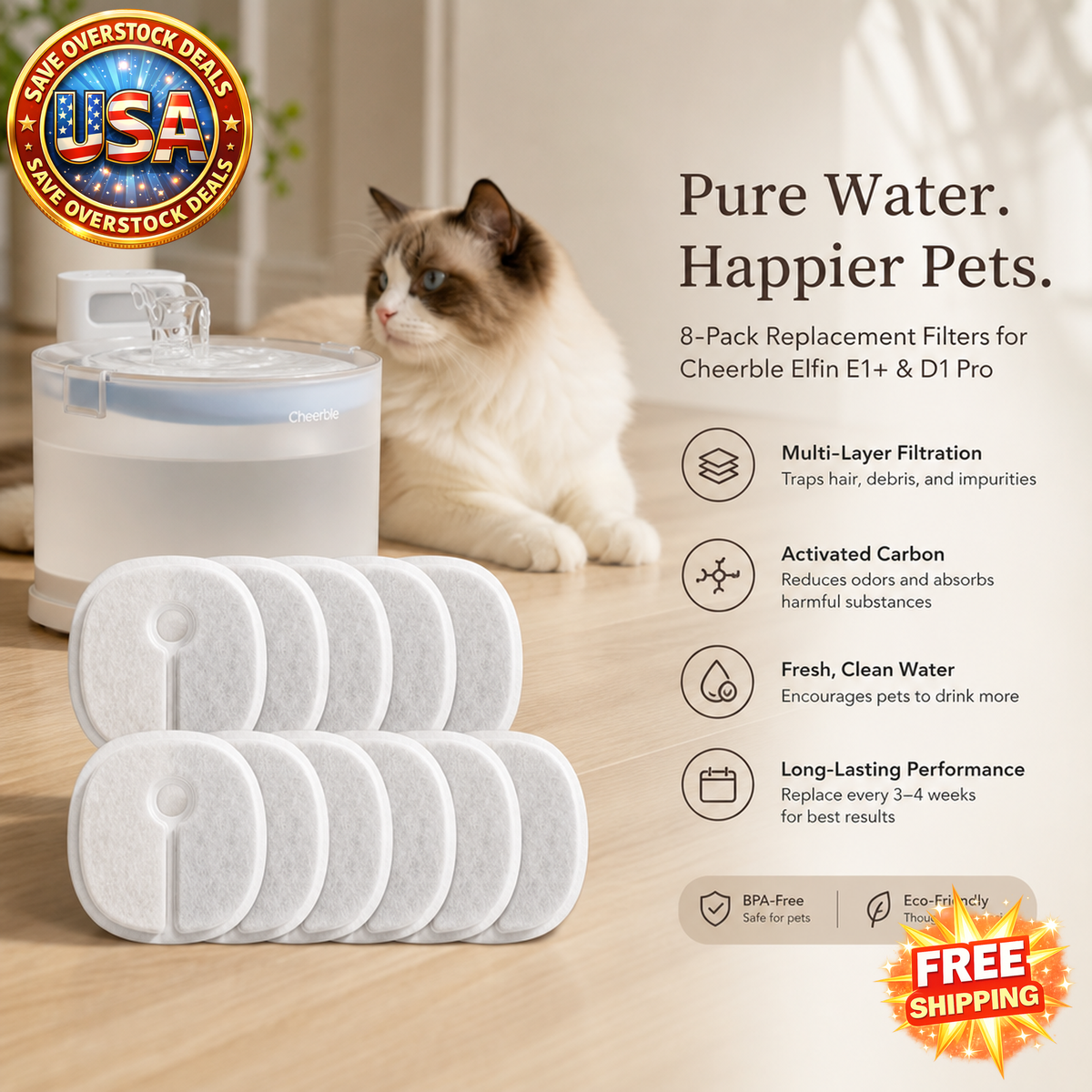 Cheerble Replacement Filter for Pet Fountain Elfin E1+/D1 Pro, 8 Pack