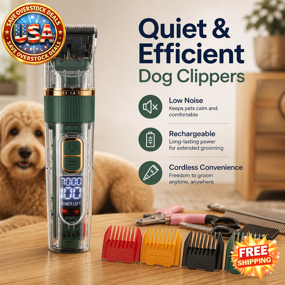 Cordless Dog Hair Clippers Set - Low Noise Grooming Tools