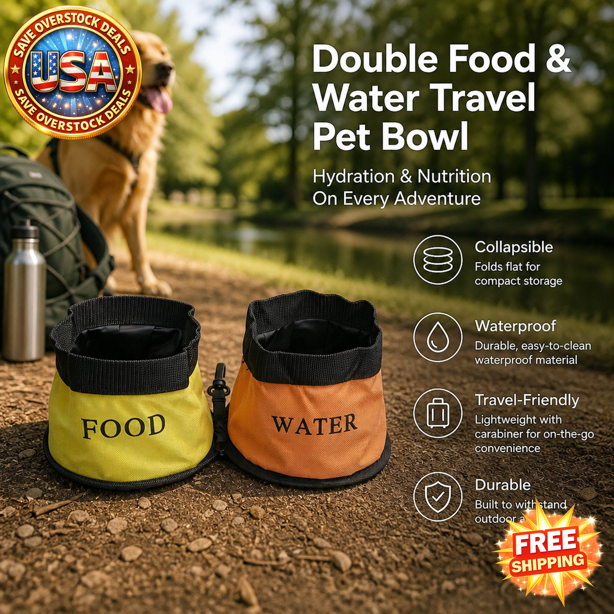 Double Food and Water Travel Pet Bowl - Waterproof and Collapsible