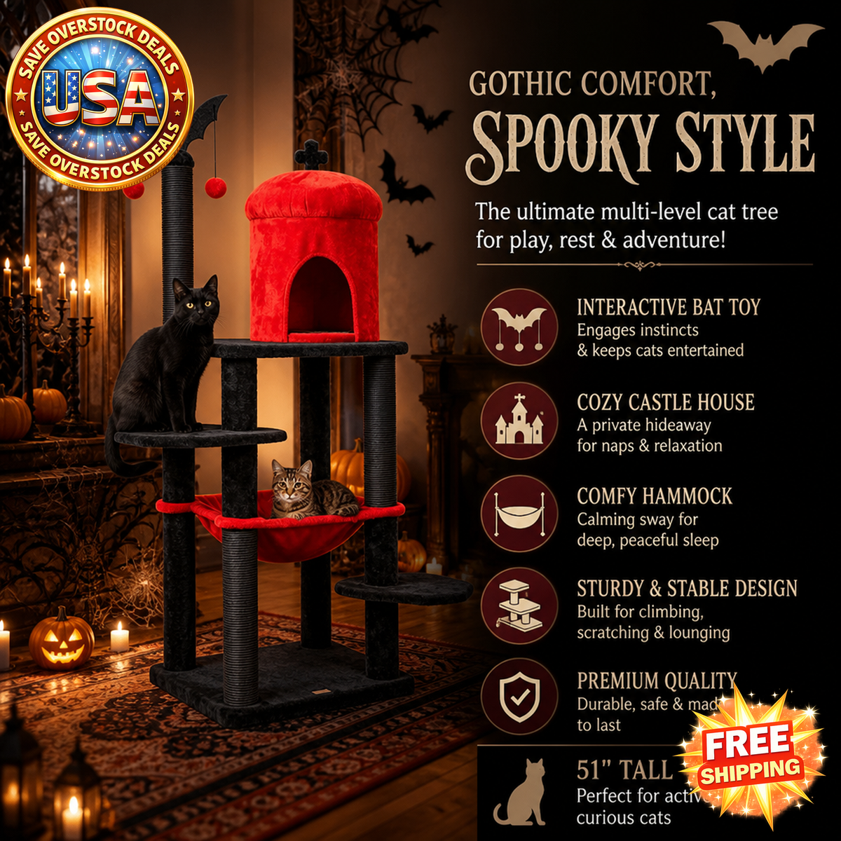 Gothic Cat Tree 51'' with Spider Toy - Halloween Theme