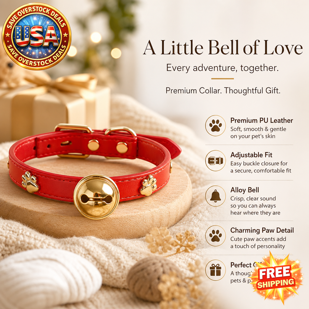 Leather Pet Collars with Alloy Bell for Small Dogs and Cats