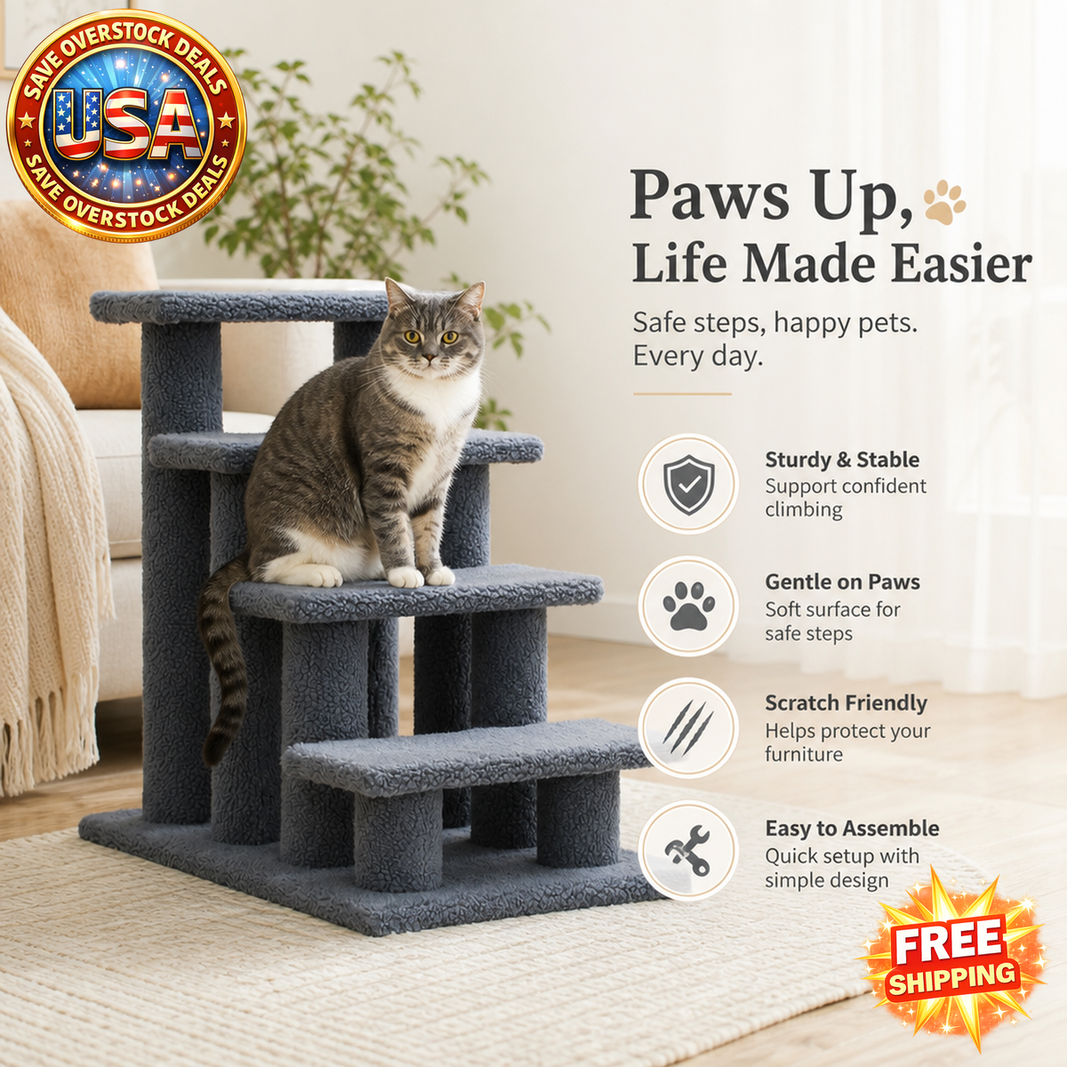 Pet Stairs for Dogs and Cats with Scratch Post, Grey