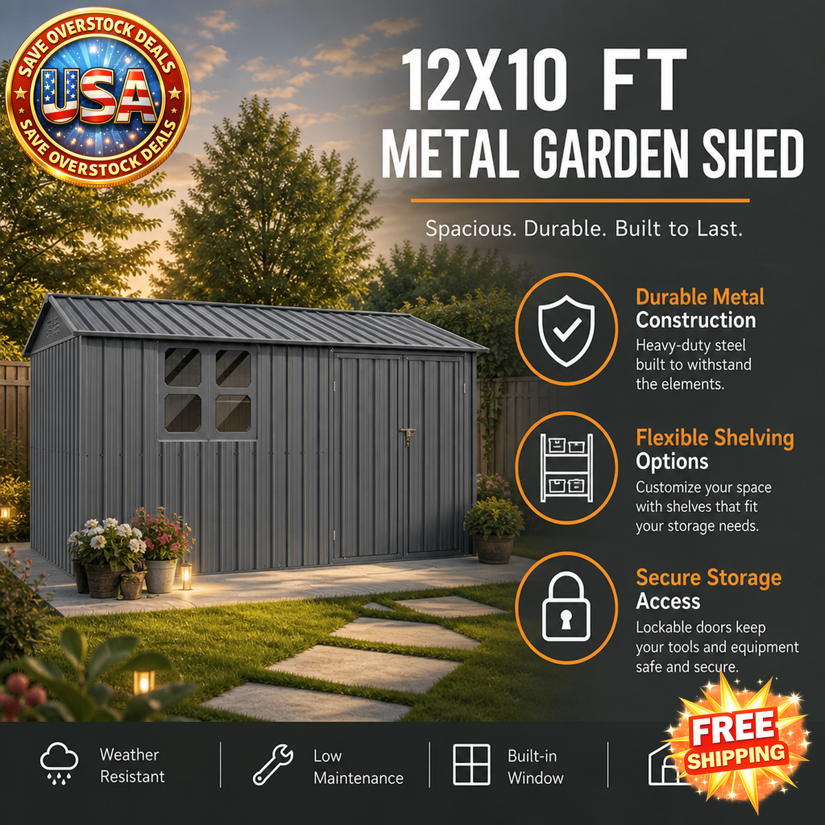 12x10 Ft Metal Garden Shed with Window and Shelves, Grey