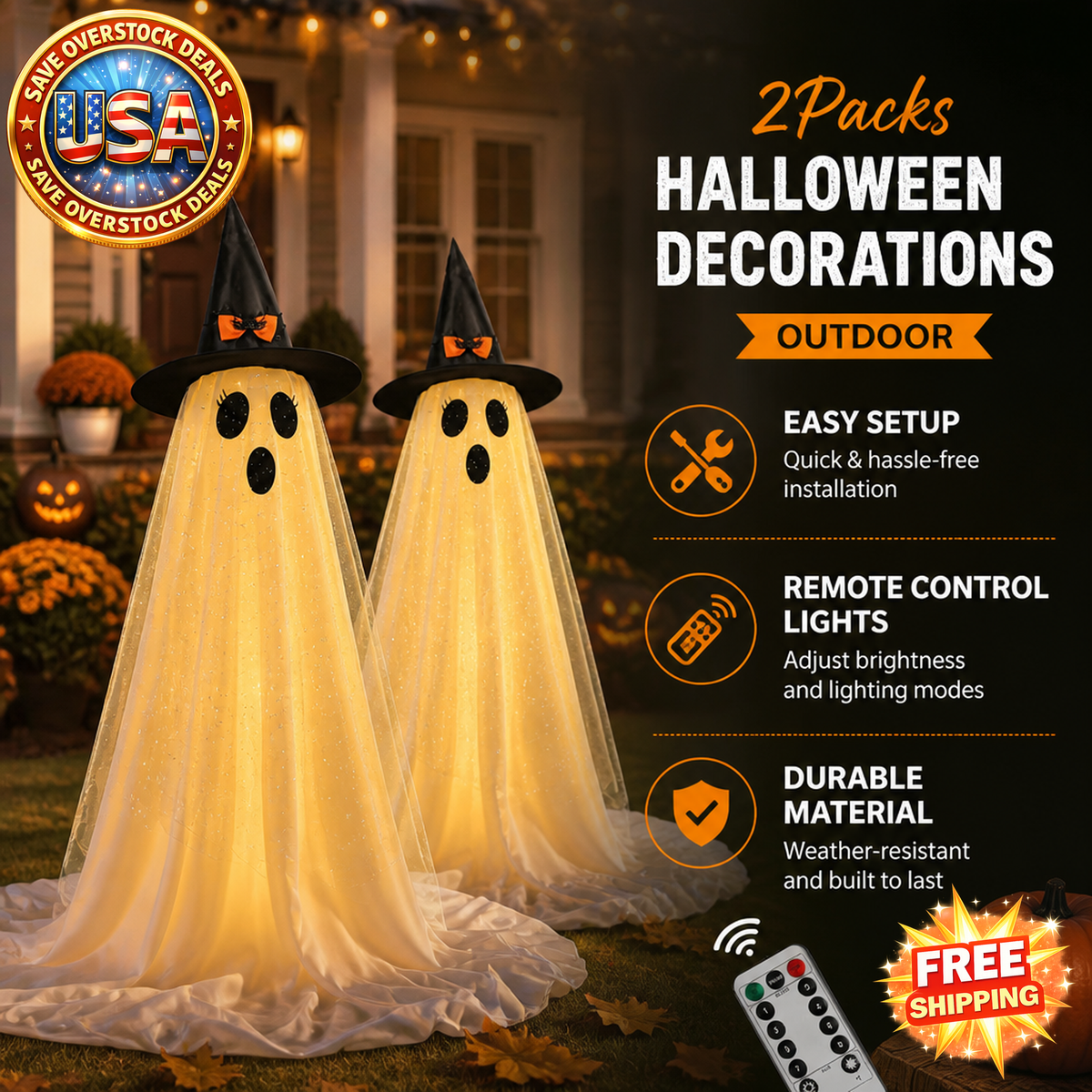 Halloween Ghost String Lights with Remote Control, 2 Packs