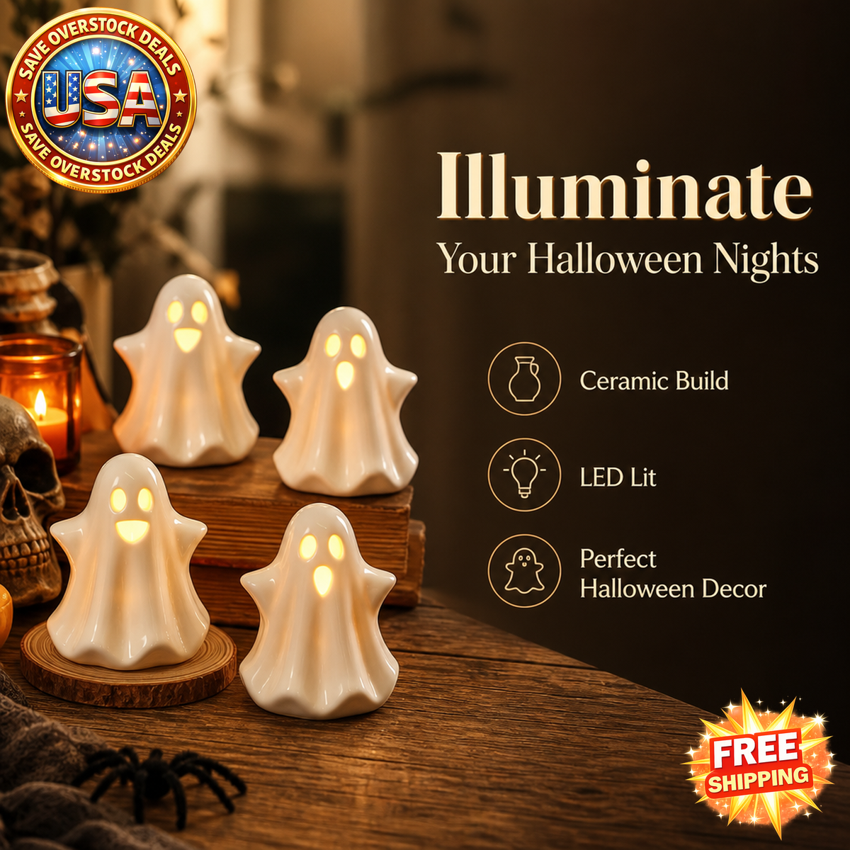 Ceramic Ghost Light Up Decor Set for Halloween, 4PCS