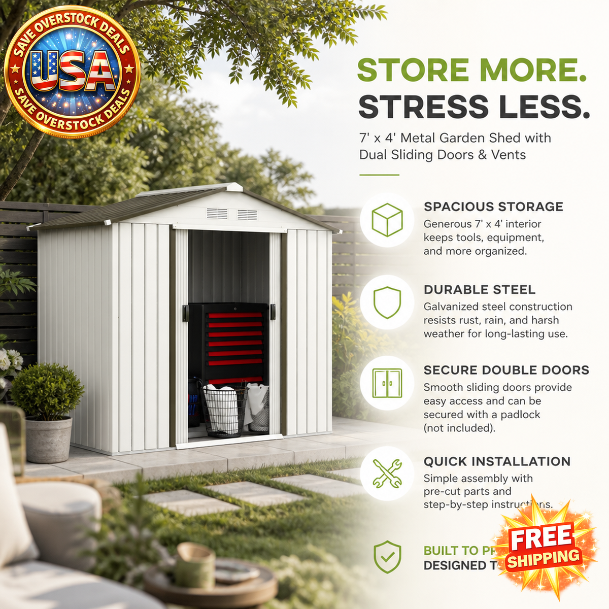 Metal Garden Shed 7'x4'x6' with Dual Sliding Doors and Vents