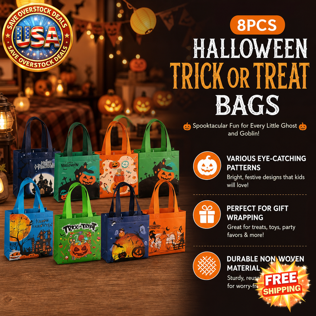 8PCS Halloween Trick or Treat Non-Woven Gift Tote Bags