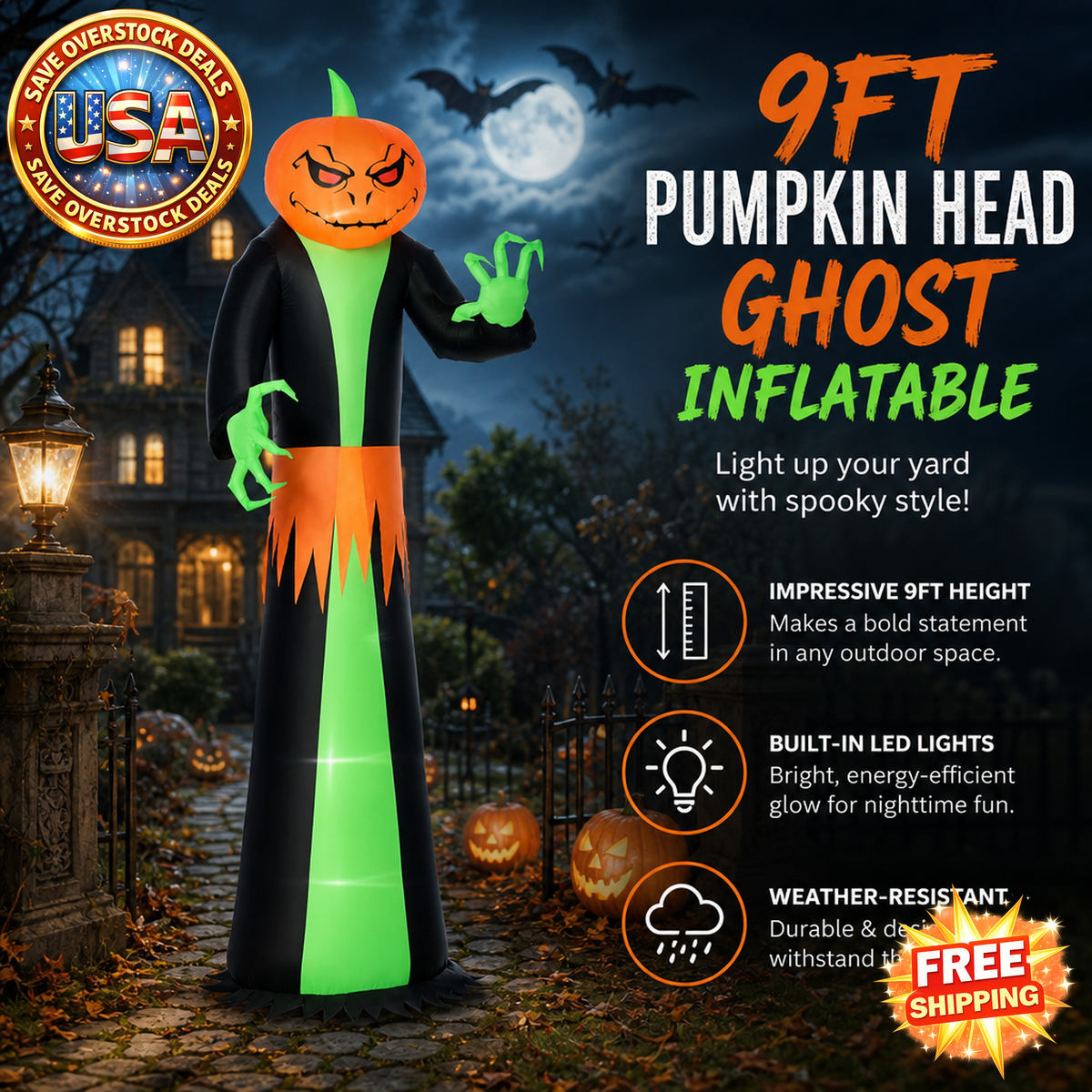 9' Halloween Inflatable Pumpkin Ghost with LED Lights for Yard