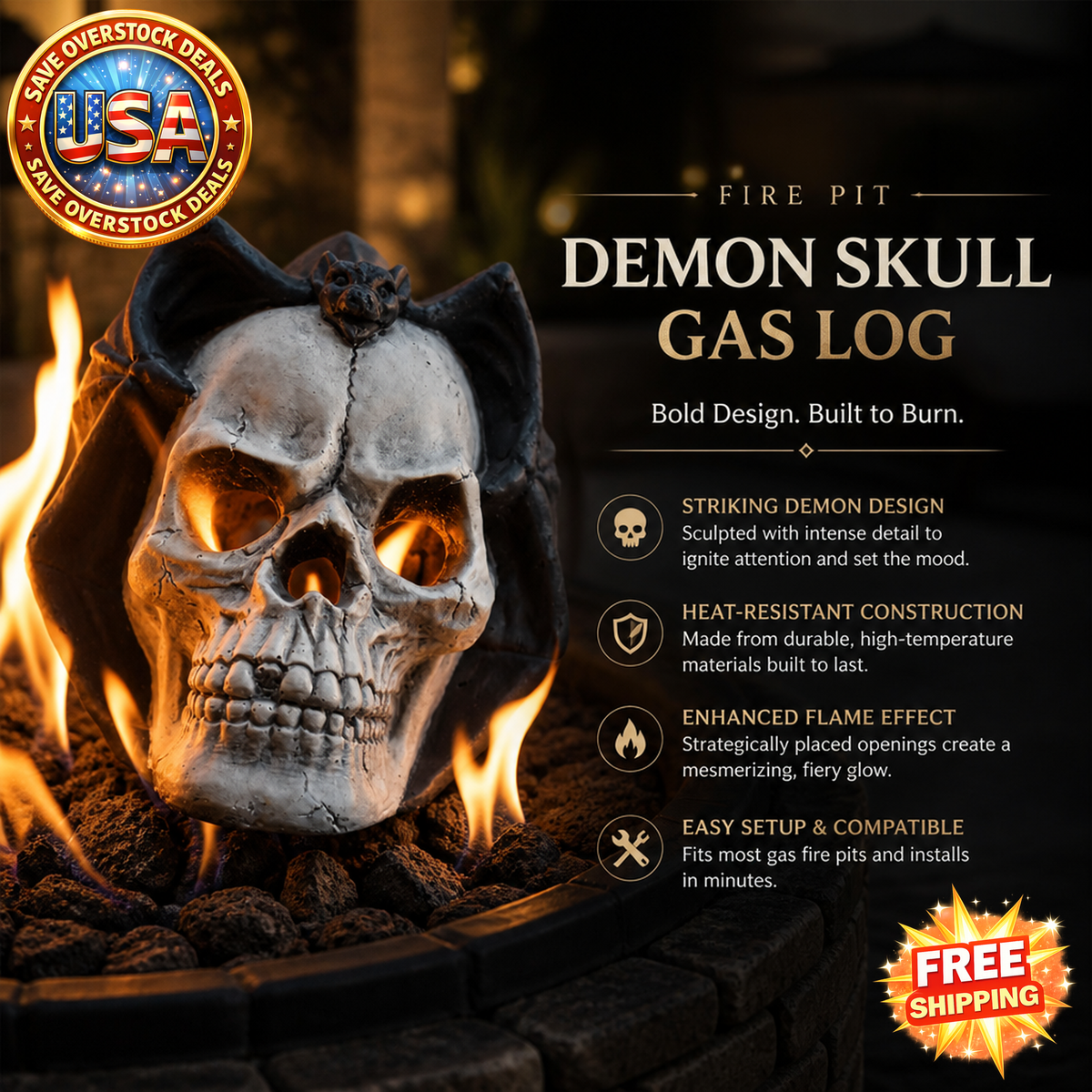 Demon Skull Gas Log for Fire Pits and Fireplaces - Halloween Decor