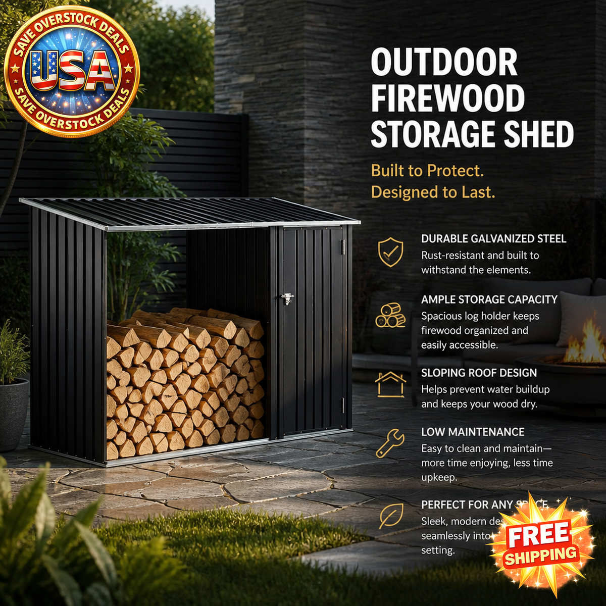 Outdoor Firewood Storage Shed with Log Holder, Steel