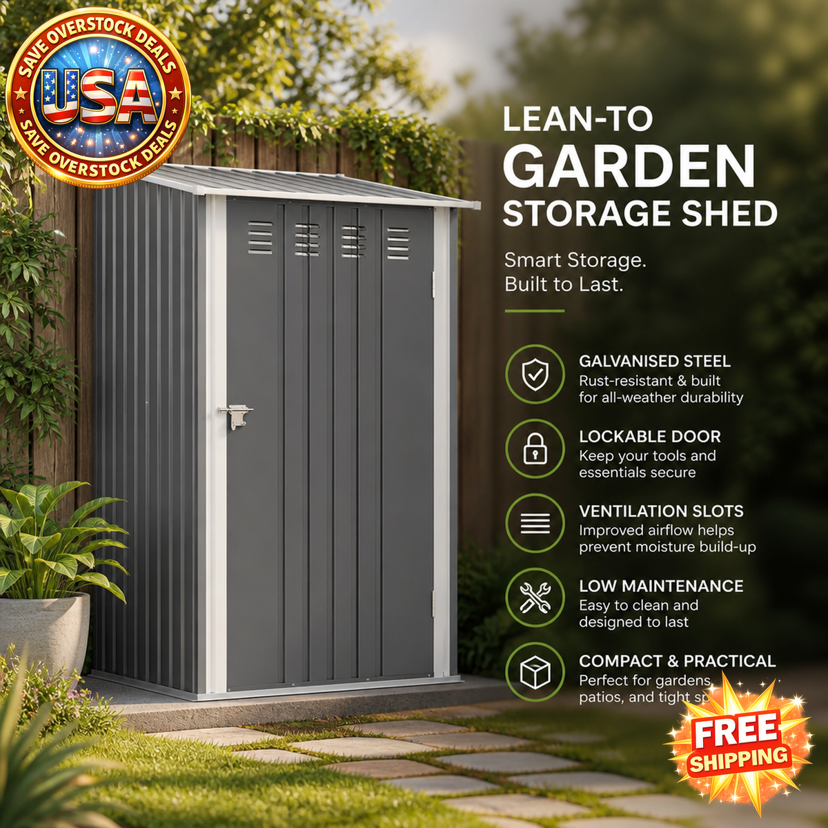 Lean-to Garden Storage Shed 3.3x3.4 ft Galvanized Steel Gray